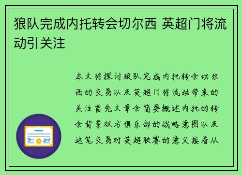 狼队完成内托转会切尔西 英超门将流动引关注